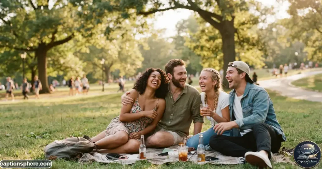 Create a realistic 16:9 editorial lifestyle photograph of four close friends laughing naturally together outdoors in a relaxed park setting. Capture an authentic candid moment with varied poses and genuine expressions rather than looking at the camera. Warm afternoon light, natural surroundings, balanced composition, clean top-middle space for a heading. Realistic anatomy, no logo, watermark, website name, subtitle, or extra text.