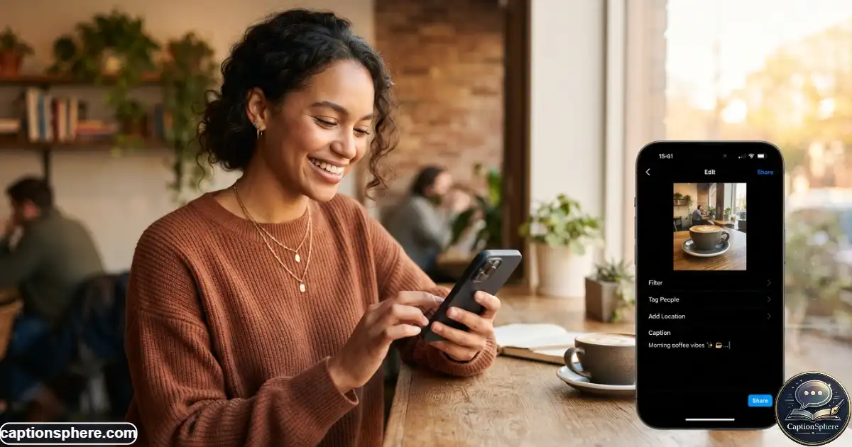 Woman smiling at her phone while sharing a cheerful hello on Instagram