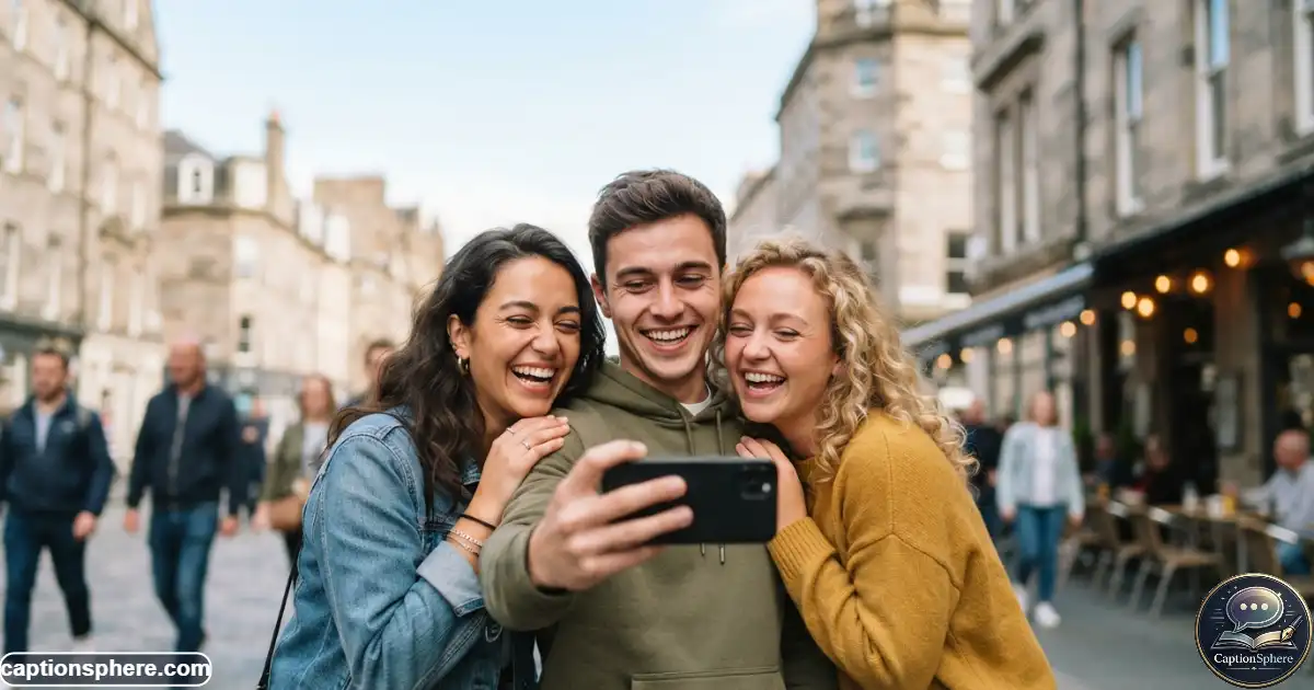 Friends laughing together while taking a playful smartphone selfie