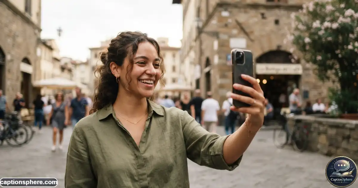 Young adult taking a natural smiling selfie outdoors in soft daylight