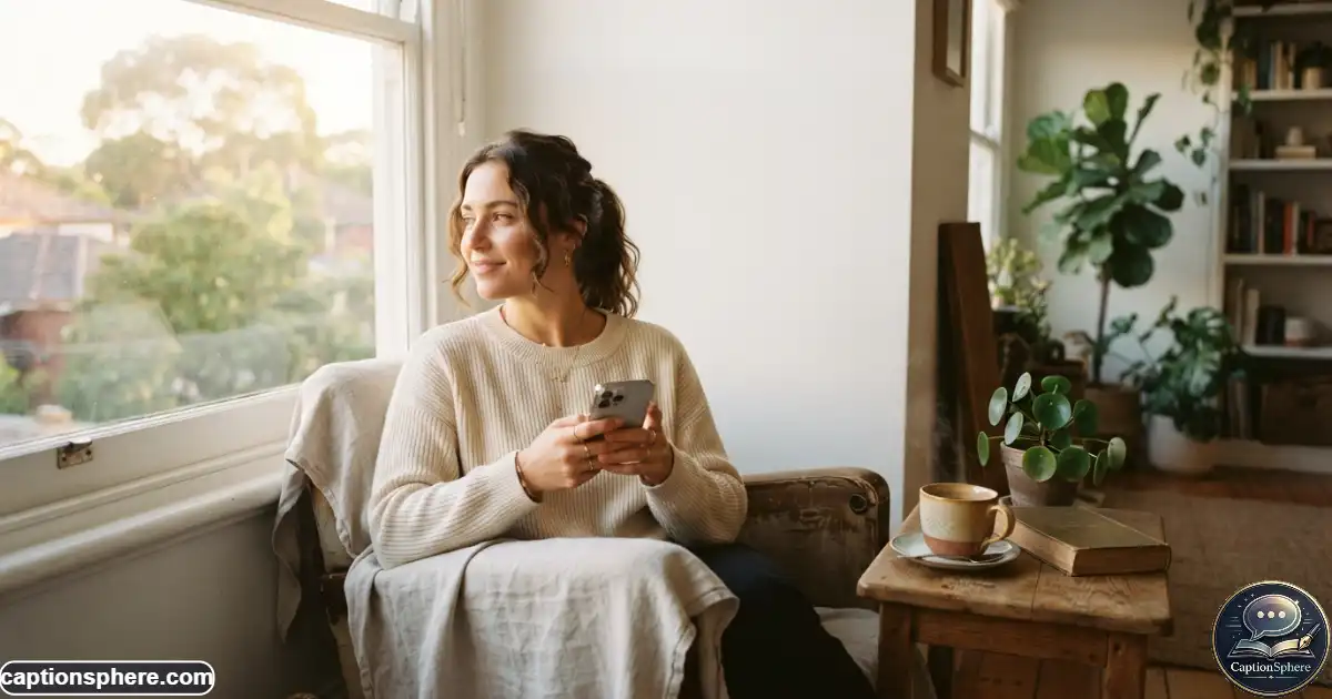 Person enjoying morning sunlight and coffee while checking a smartphone