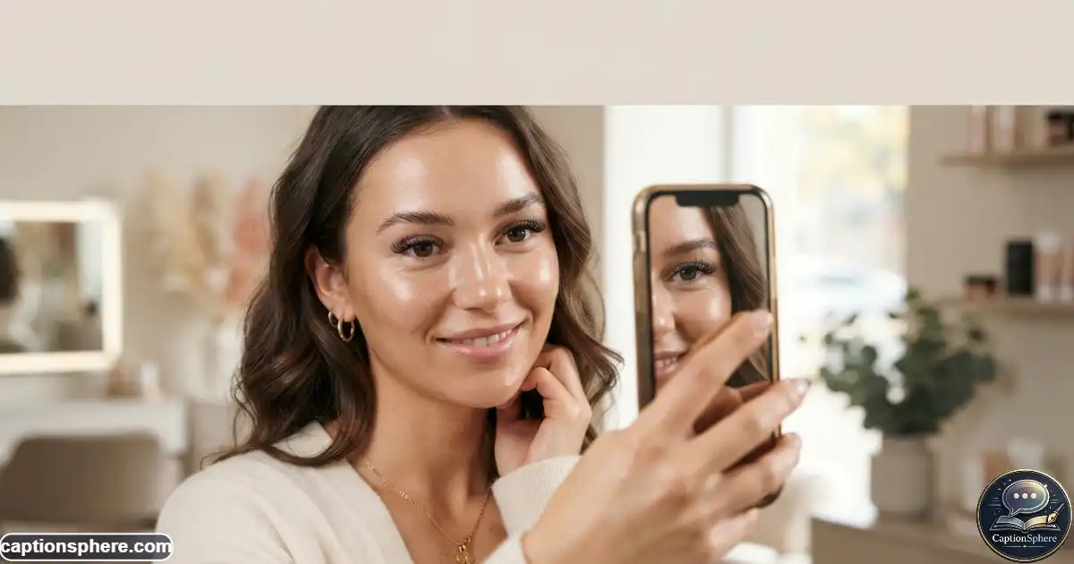 Woman showing fresh eyelash extensions in a close-up beauty selfie