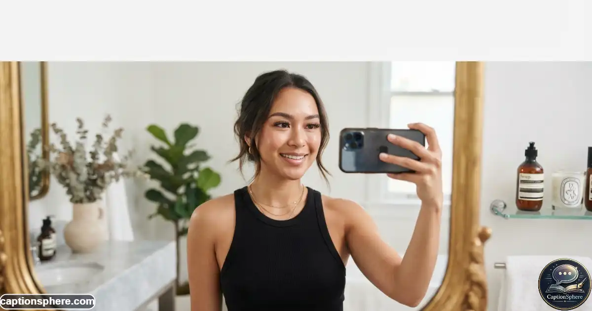 Woman taking a natural mirror selfie while showing her fresh lash extensions