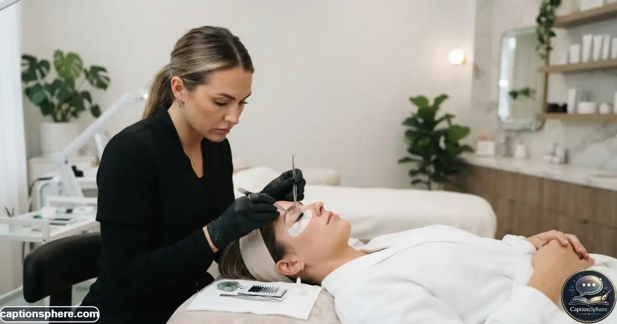 Professional lash artist carefully creating an eyelash extension set for a salon client