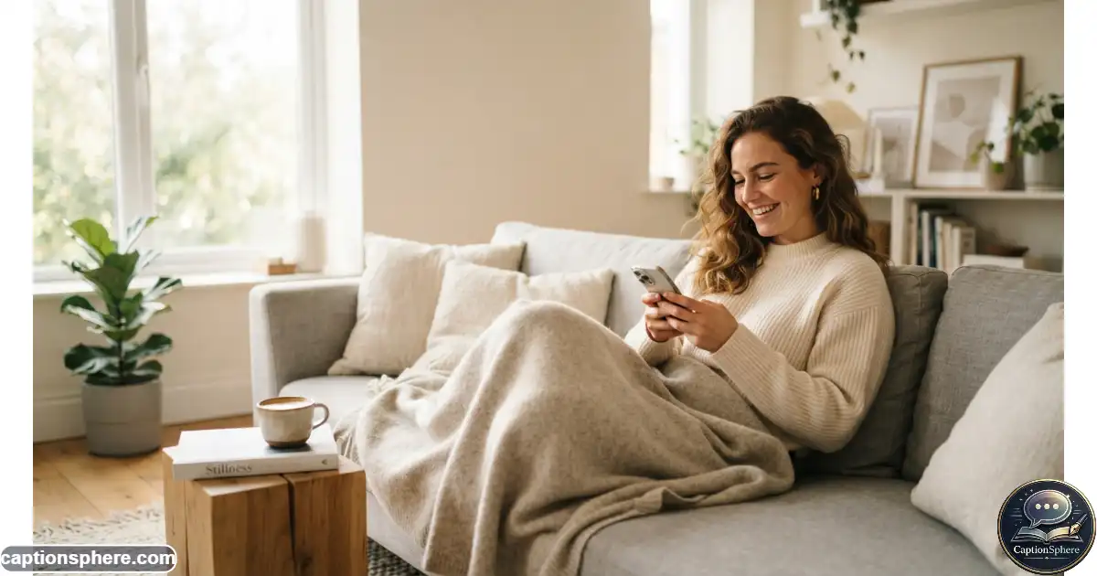 Person relaxing on a cozy couch with phone during a lazy day
