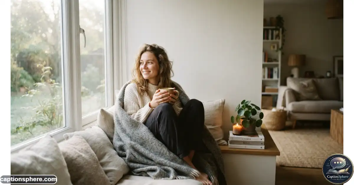 Person wrapped in blanket enjoying a warm drink at home
