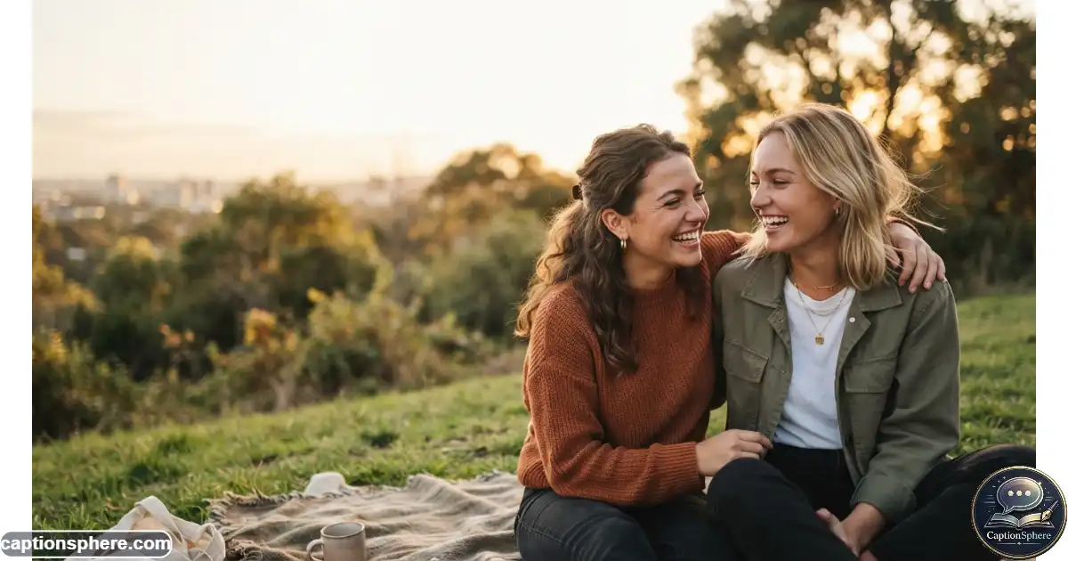 Two close friends sharing a genuine moment outdoors while smiling together