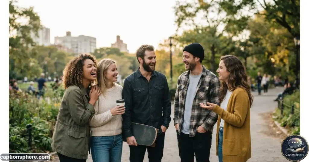 Close friends standing together outdoors with relaxed expressions and genuine connection