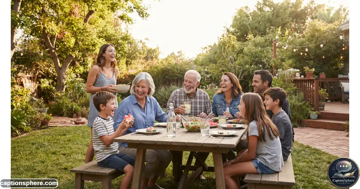 Family members enjoying a relaxed outdoor moment together with genuine smiles
