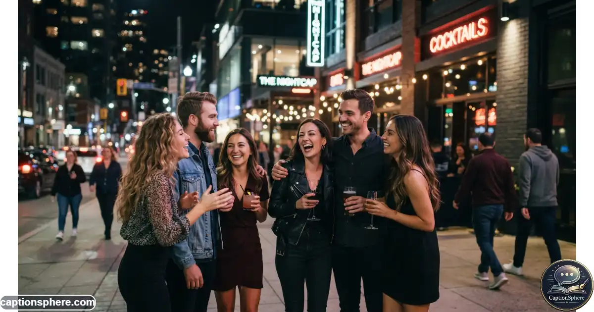 Image Prompt: Create a realistic premium editorial lifestyle photograph in 16:9 format showing a stylish group of young adult friends enjoying a vibrant city nightlife scene at night, surrounded by tasteful neon and warm urban lights. Capture natural laughter and candid interaction, with an upscale downtown atmosphere and cinematic depth. Leave clean visual space at the top-middle for a heading. No text, logo, watermark, website, or branding.