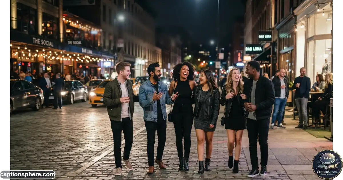 Friends laughing together during an energetic evening in the city