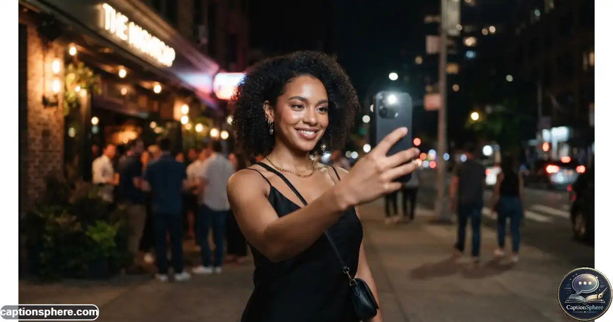 Image Prompt:
Realistic editorial lifestyle photograph, 16:9, a stylish young adult taking a natural nightlife selfie outside an upscale evening venue, soft neon and ambient city lighting illuminating the face, fashionable outfit, relaxed confident expression, authentic smartphone composition, clean top-middle space for heading, no text, logo, watermark, or branding.