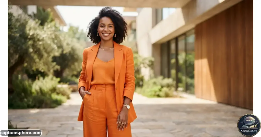 Confident young woman wearing orange while posing outdoors in natural light