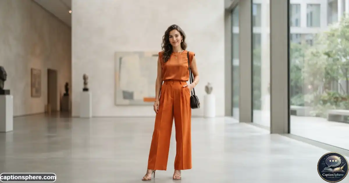 Elegant woman wearing a sophisticated orange outfit in a modern setting