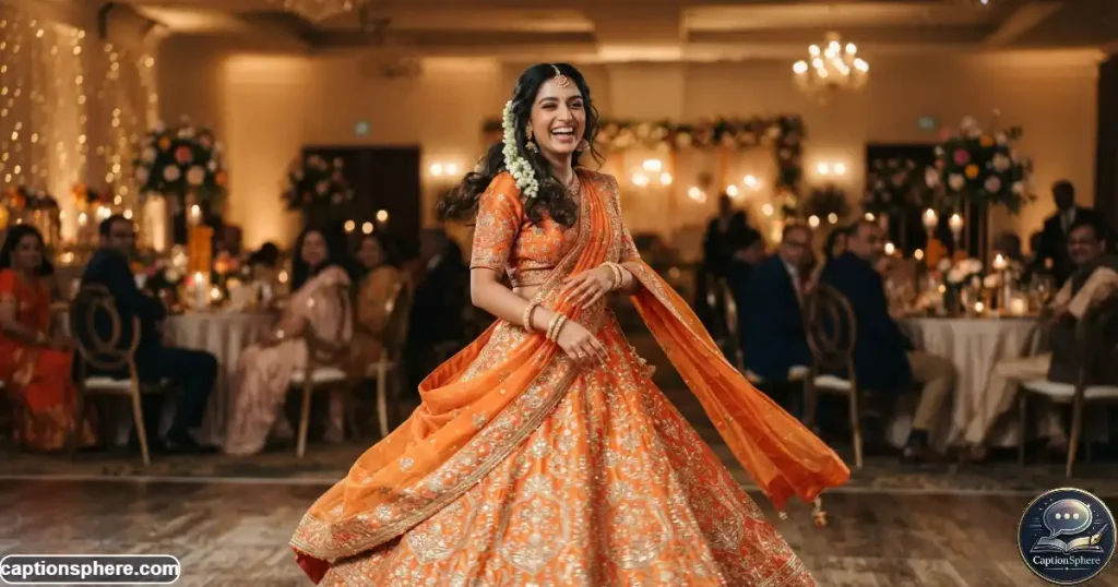 Young woman in orange lehenga celebrating at a festive evening event