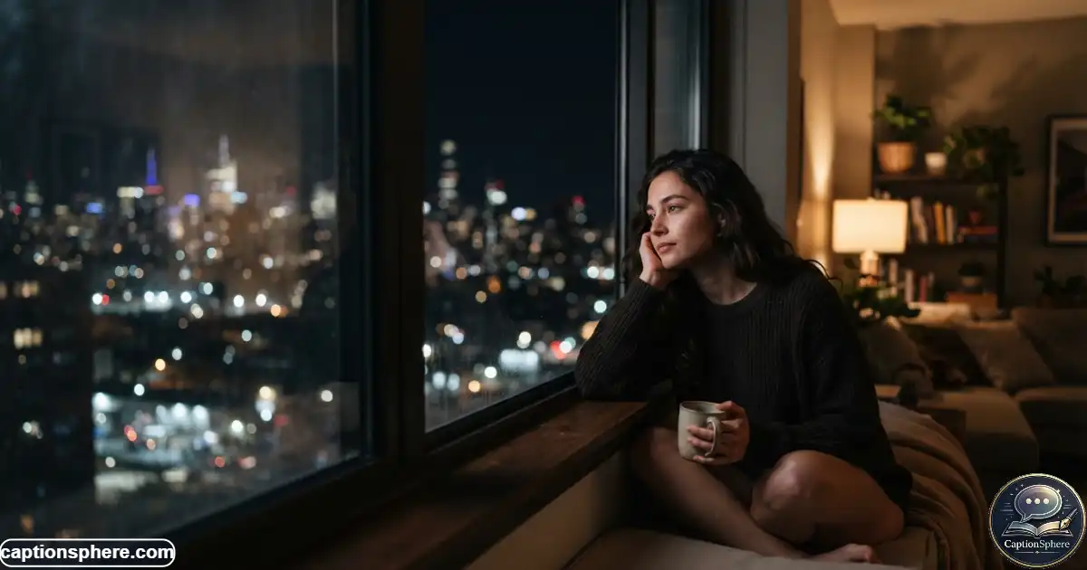 Person sitting alone at night with soft city lights visible through a window