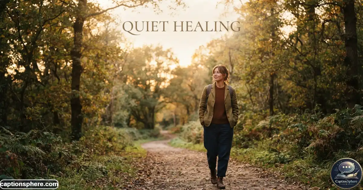 Image Prompt:
Create a realistic editorial lifestyle photograph in 16:9 format showing a person walking alone along a quiet tree-lined path during golden hour, relaxed posture, reflective mood, soft sunlight through leaves, natural clothing, believable environment, cinematic but authentic photography, and clean space at the top-middle. Add only the heading “Quiet Healing” at the top-middle. No branding, watermark, website, subtitle, or extra text.