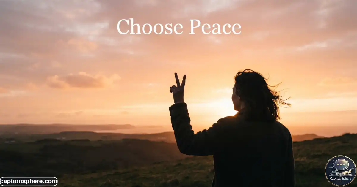 Create a realistic editorial photograph in 16:9 format showing a person making a natural peace sign with one hand against a beautiful open sunset sky, warm evening light, relaxed posture, subtle silhouette, optimistic atmosphere, realistic anatomy, clean composition, and generous empty space at the top-middle. Add only the heading “Choose Peace” at the top-middle. No logo, watermark, website, subtitle, or extra text.