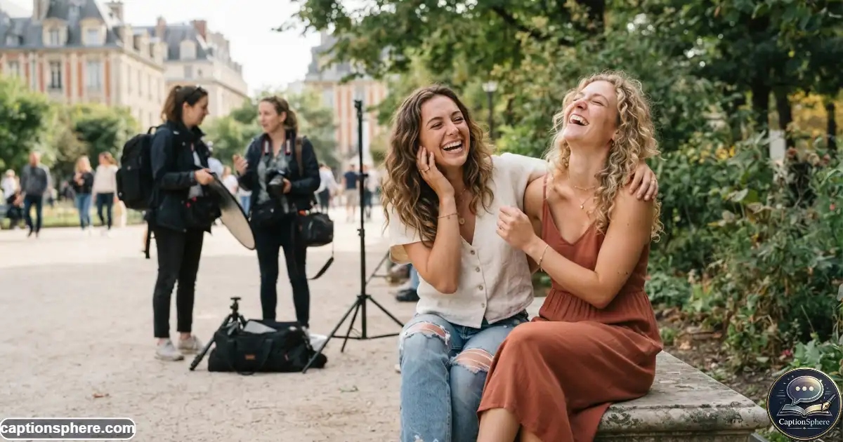Image Alt Text:
Friends laughing between poses during a playful photo shoot session