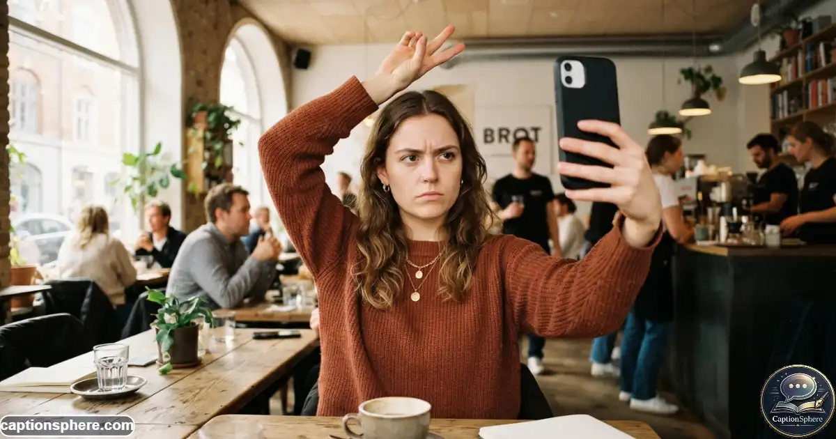 Person making a naturally serious face while taking a playful social media selfie