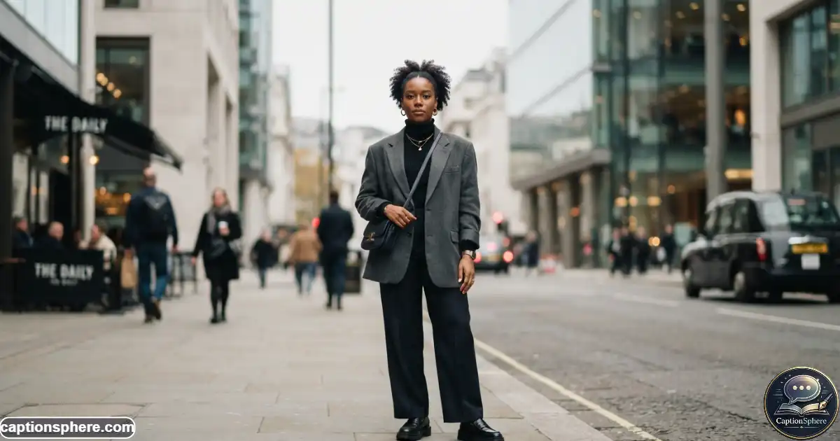 Confident person posing with a composed expression in a modern urban setting
