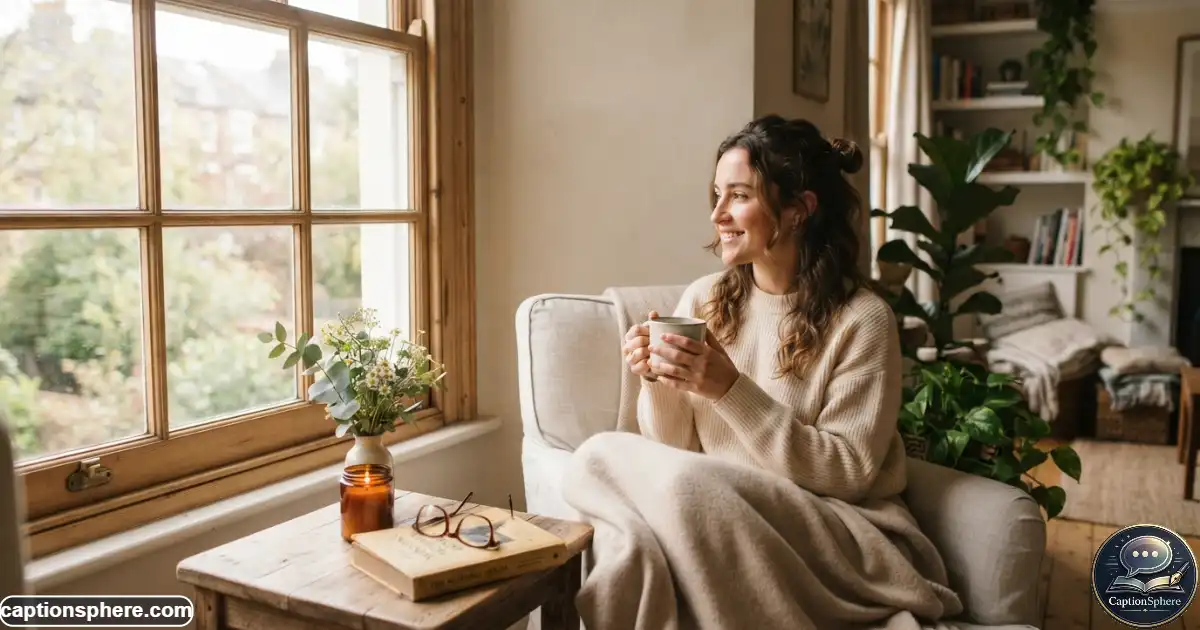 Woman enjoying a peaceful coffee moment by a sunlit window