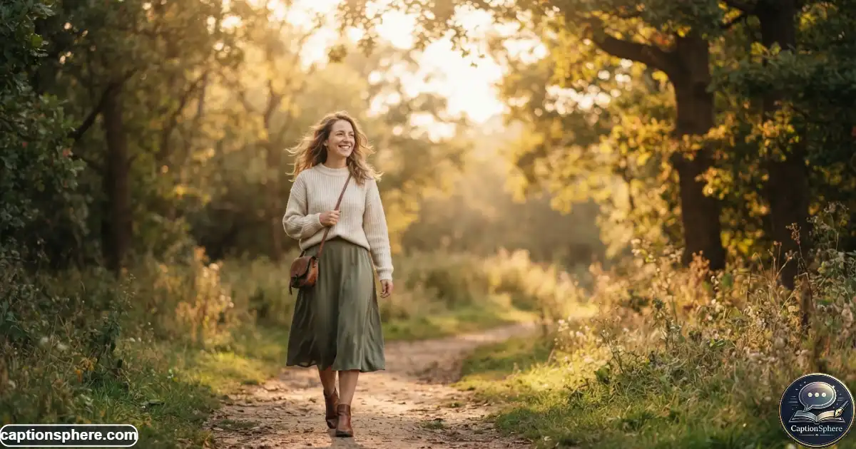 Image Prompt:
Realistic editorial lifestyle photography, 16:9, young woman walking through a quiet outdoor setting during golden hour, warm sunlight filtering through trees, natural candid movement, dreamy but believable expression, cinematic depth, elegant casual clothing, peaceful atmosphere, clean top-middle negative space for heading, no logo, watermark, website, or extra text.
