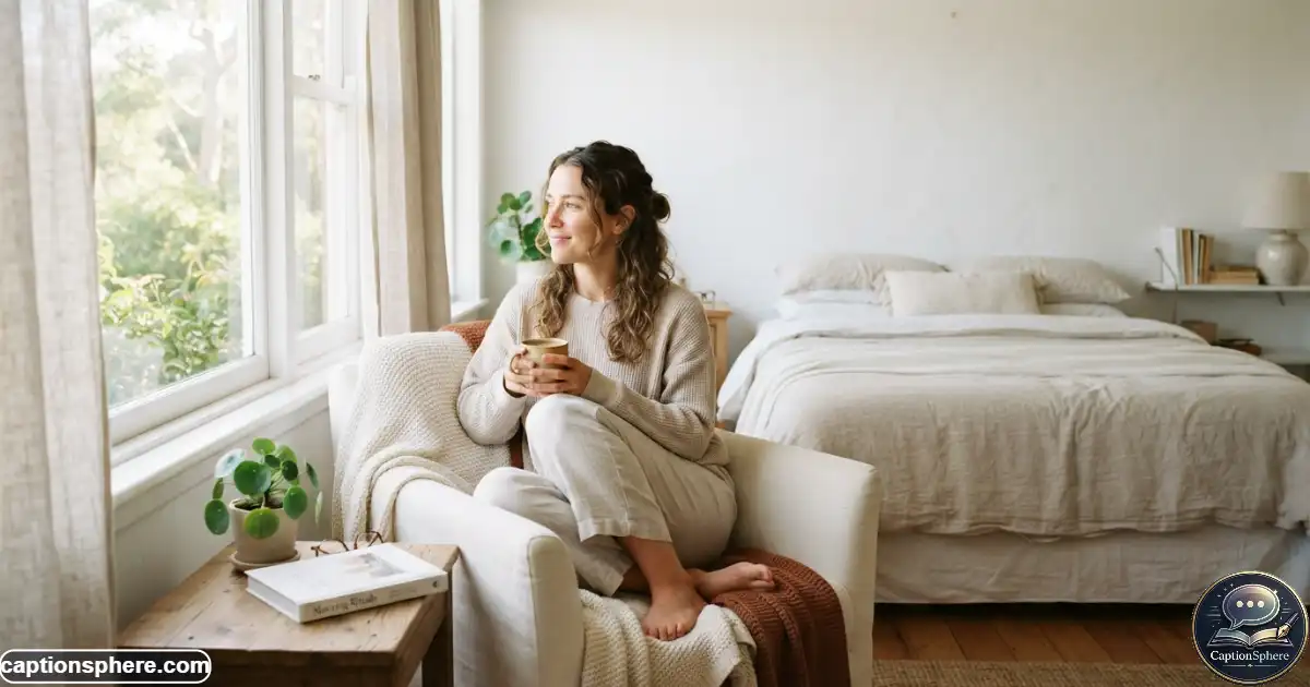 Image Prompt:
Realistic editorial lifestyle photography, 16:9, peaceful morning bedroom with a woman sitting near a bright window holding coffee, soft sunlight, neatly relaxed bedding, book on a nearby table, natural expression, calm slow-living atmosphere, believable home environment, clean top-middle negative space for heading, no branding, watermark, or extra text.