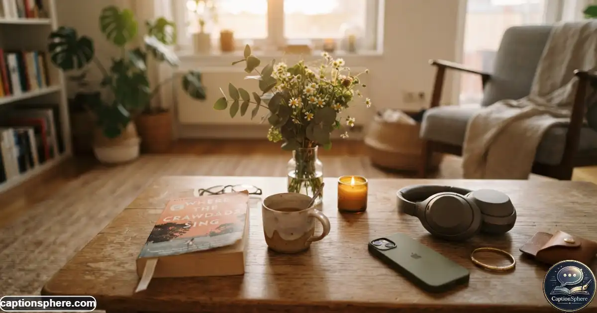 Image Prompt:
Create a realistic editorial lifestyle photograph in 16:9 showing a visually connected collection of everyday moments through a cohesive photographic scene: coffee, flowers, sunset light, headphones, a book and casual personal items, natural composition rather than graphic collage, authentic Instagram photo-dump feeling, clean top-middle space for heading, no logos, watermark, website, or extra text.