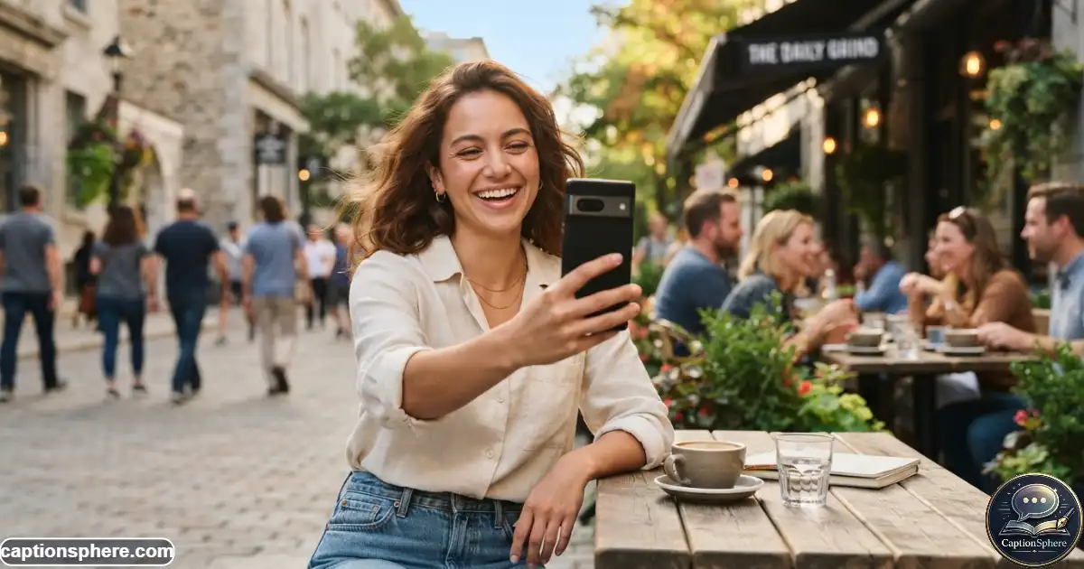 Young woman taking a Saturday selfie outdoors in warm weekend sunlight