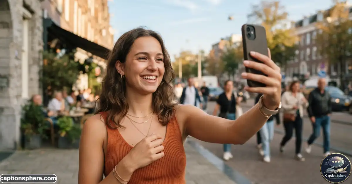 Woman smiling during a casual Saturday selfie in warm outdoor light
