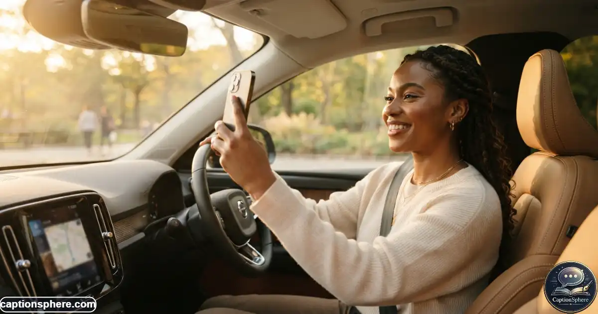Image Prompt: Create a realistic editorial lifestyle photograph in 16:9 format showing a stylish young adult taking a natural selfie inside a modern parked car during golden hour. Warm sunlight enters through the windshield, creating subtle highlights on the interior and face. Use believable anatomy, relaxed expression, realistic proportions, premium photography, and clean visual space at the top-middle for a heading. No logo, watermark, subtitle, or extra text.