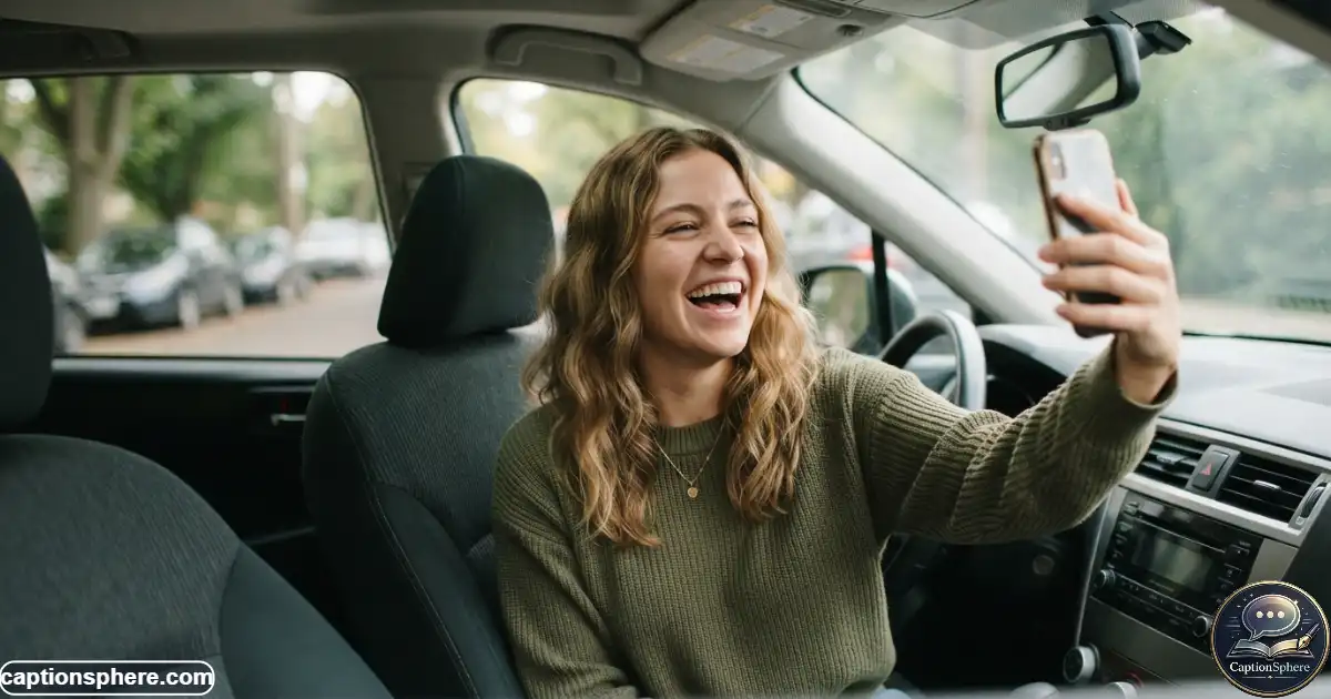 Image Prompt:
Create a realistic editorial lifestyle photograph in 16:9 format showing a person laughing during a playful selfie inside a parked car. Include a believable car interior, spontaneous expression, slightly imperfect natural pose, and lighthearted social-media feel. Keep the top-middle area visually clean for a heading. No logo, watermark, subtitle, or extra text.