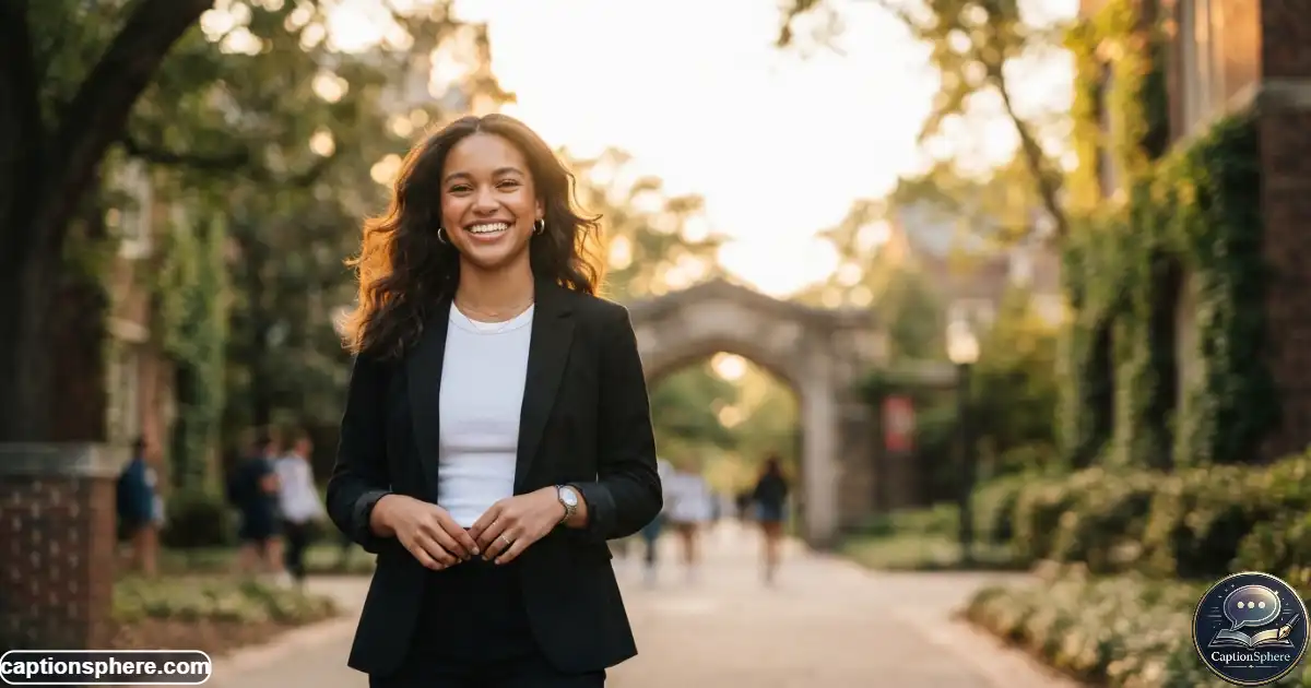 Image Prompt: Create a realistic premium editorial lifestyle photograph in 16:9 format showing a confident high-school senior during a golden-hour outdoor portrait session, wearing polished graduation-inspired clothing without visible logos. Natural smile, believable anatomy, authentic expression, softly blurred campus background, warm evening atmosphere, elegant composition, and generous clean visual space at the top-middle for a heading. No text, logo, watermark, or website branding.