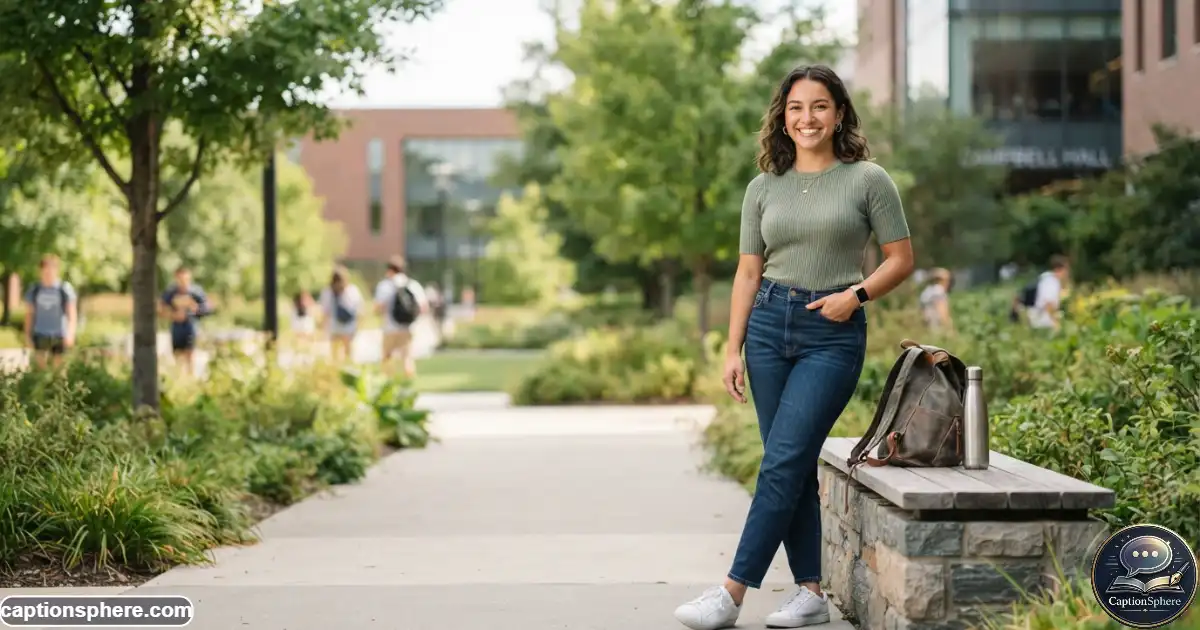 Image Prompt:
Create a realistic 16:9 professional editorial photograph of a senior student during a modern outdoor portrait session, contemporary clothing, confident relaxed pose, subtle smartphone-era social-media aesthetic without showing a phone screen, landscaped campus setting, natural daylight, polished photography, and generous clean top-middle space for a heading. No text, logo, watermark, or branding.