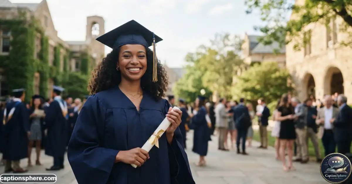 Senior graduate wearing a cap and gown outdoors after a graduation ceremony