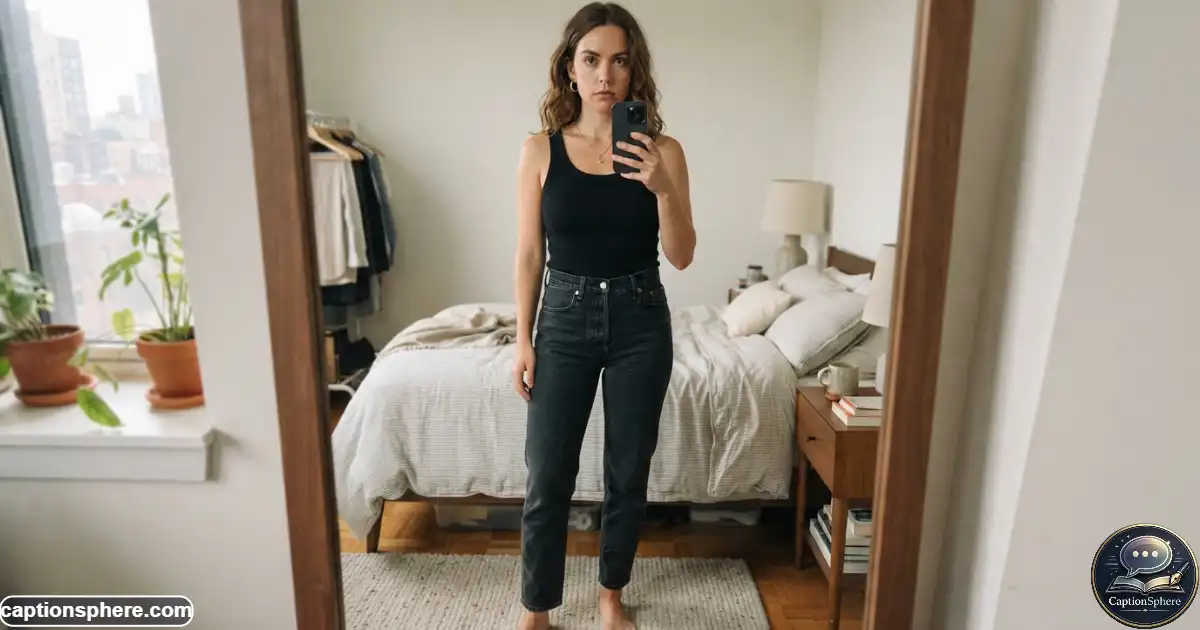 Person taking a serious mirror selfie with a smartphone in a modern room