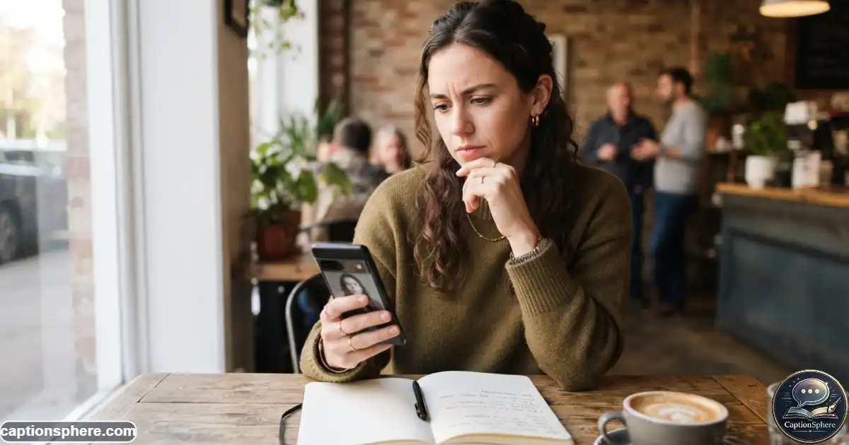 Person viewing a serious portrait on a smartphone while choosing an Instagram caption