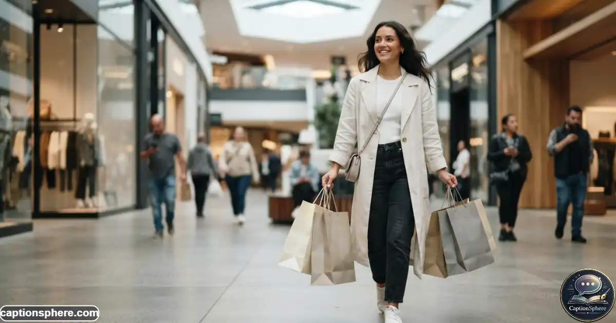 Realistic lifestyle editorial photography, 16:9, a candid close-to-medium shot of a person holding several tasteful shopping bags while walking through a bright contemporary mall, natural movement, realistic hands and anatomy, soft daylight, subtle background activity, clean top-middle space for a heading, no logos, no watermark, no extra text.