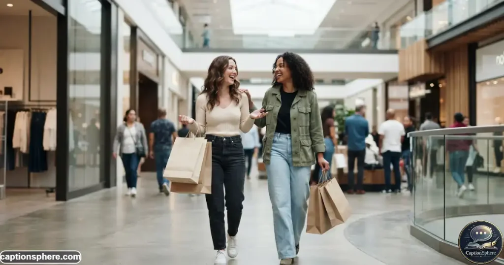 Realistic editorial lifestyle photography, 16:9, two close friends laughing naturally while walking through a modern indoor shopping mall with a few tasteful shopping bags, casual fashionable clothing, candid interaction, believable anatomy, soft ambient lighting, energetic but authentic atmosphere, clean top-middle space for heading, no logos, no watermark, no extra text.