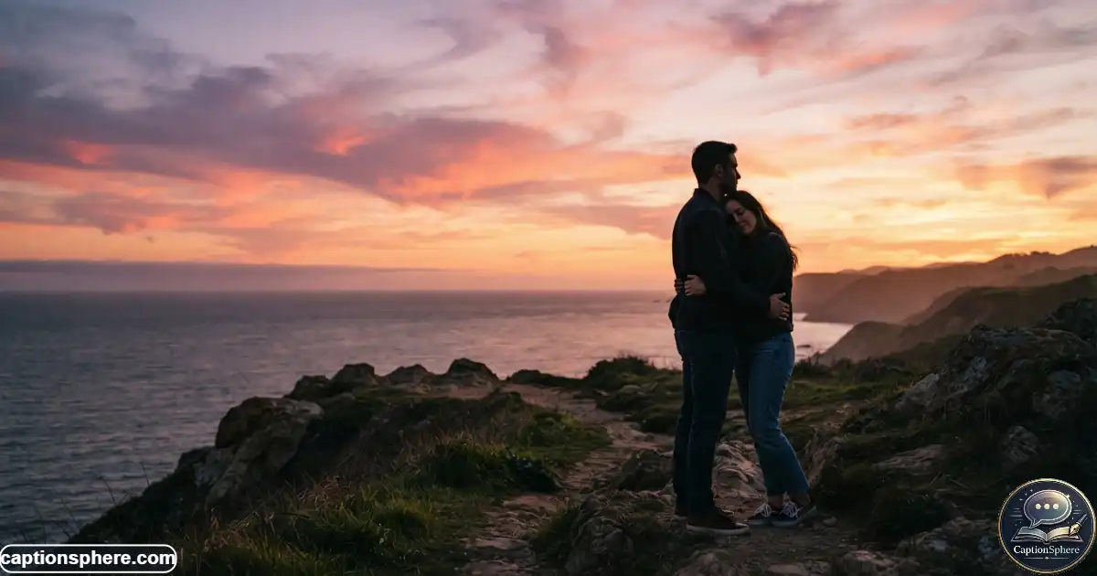 Romantic couple standing close together in silhouette beneath a colorful sunset