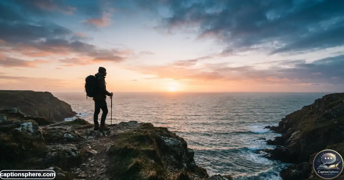 Traveler standing in silhouette beside a coastal horizon during sunset