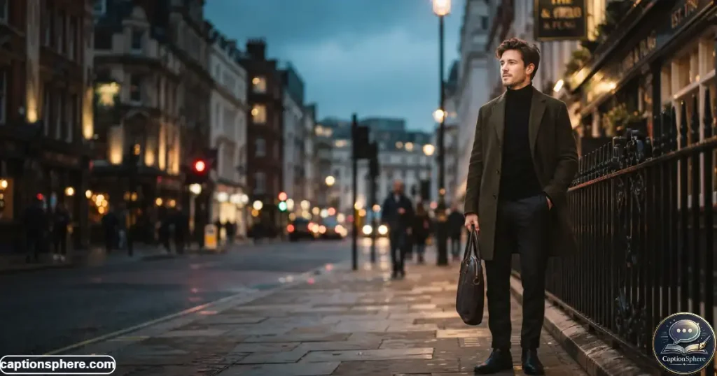 Stylish man standing beneath evening city lights in a moody portrait