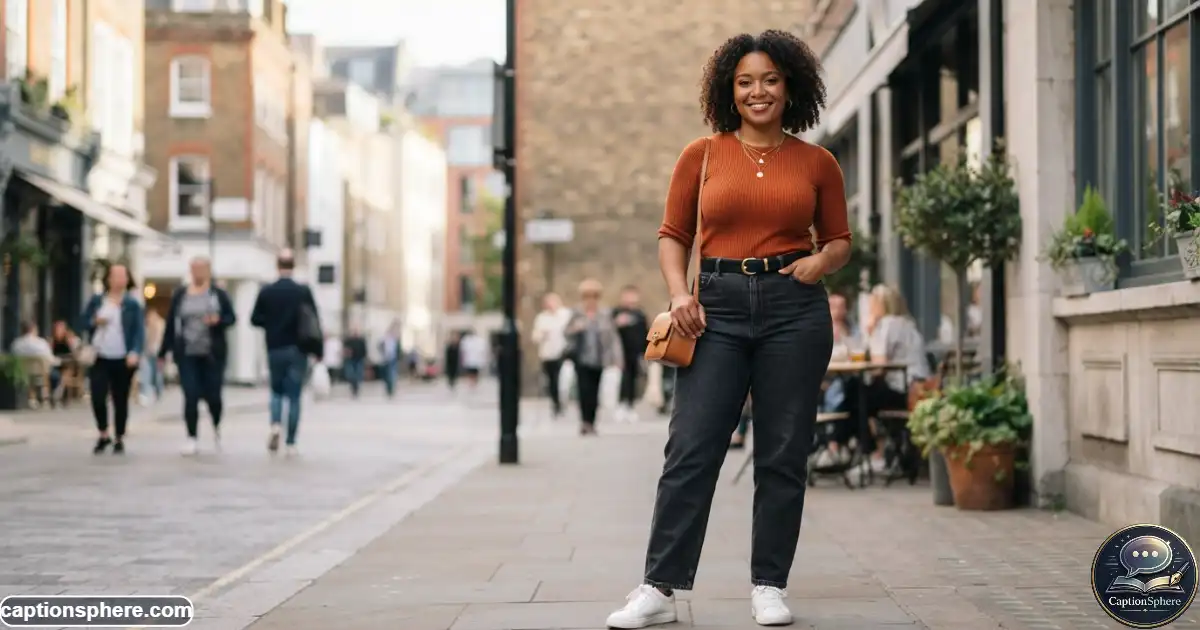 Confident woman posing in a stylish outfit for a curvy Instagram photo
