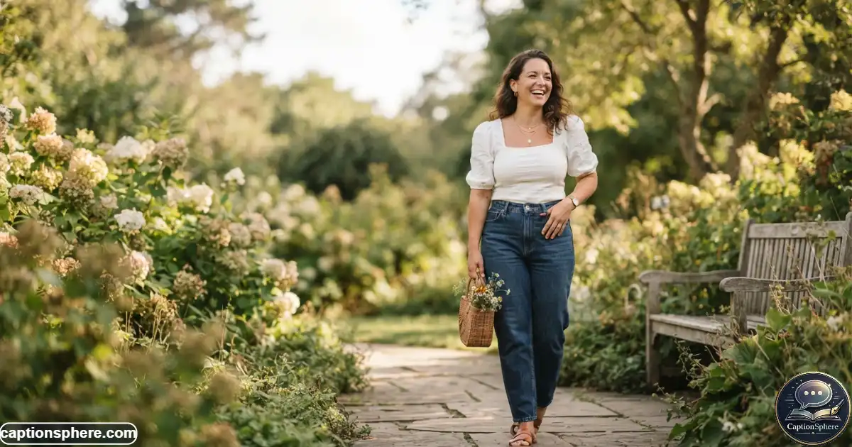 Smiling woman in a cute stylish outfit posing naturally outdoors