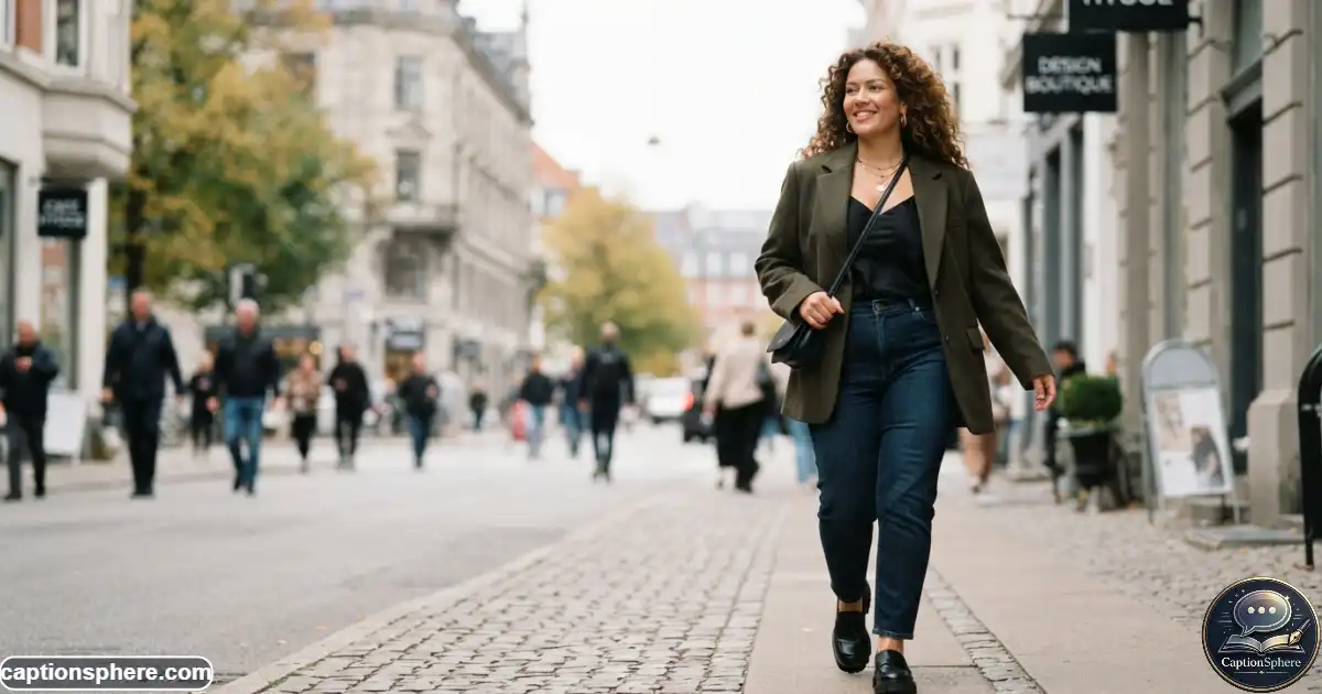 Confident woman modeling a stylish outfit with natural curvy proportions
