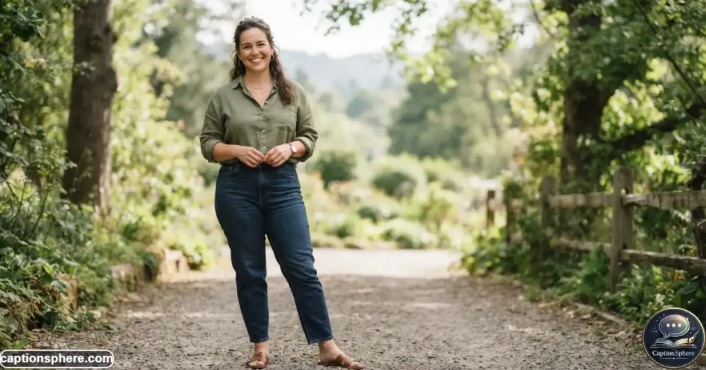 Confident woman embracing her natural curves in a relaxed outdoor setting