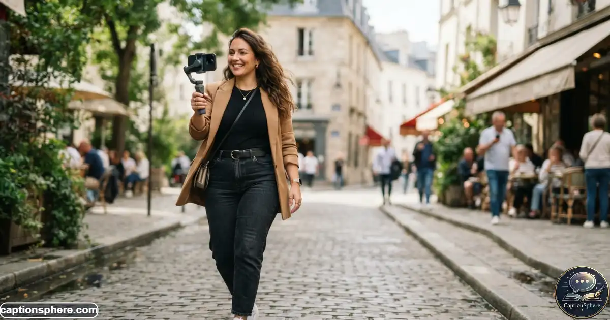 Woman filming a stylish outfit Reel outdoors with a confident expression
