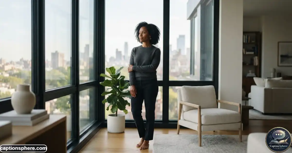 Confident person standing calmly in a modern setting with composed expression