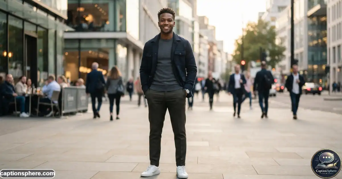 Confident person posing outdoors with relaxed posture and strong self-assurance